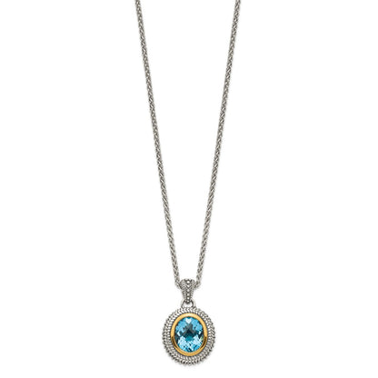 Sterling Silver 14K Gold Accent Oval Bezel Light Swiss Blue Topaz Necklace 18"