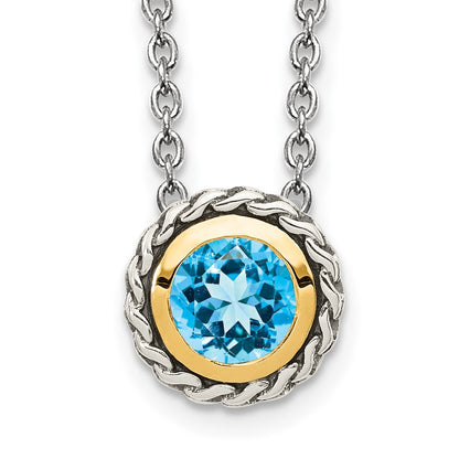 Sterling Silver 14K Gold Accent Round Light Swiss Blue Topaz Necklace 18"