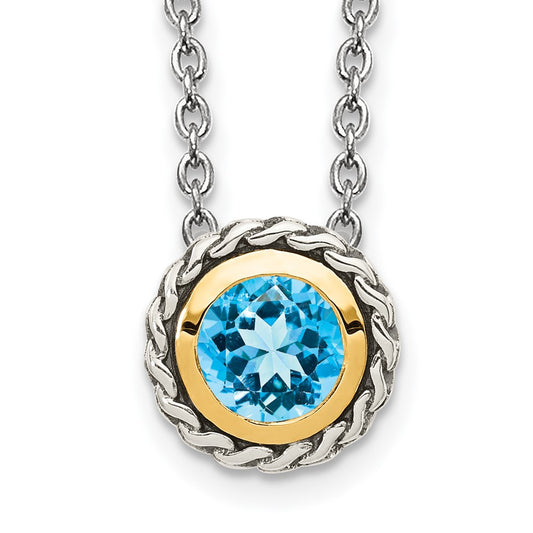 Sterling Silver 14K Gold Accent Round Light Swiss Blue Topaz Necklace 18"