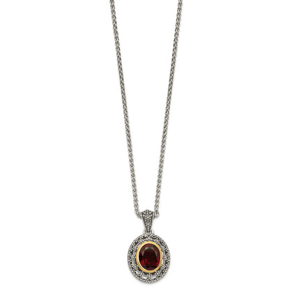 Sterling Silver 14K Gold Accent Oval Garnet Necklace 18"