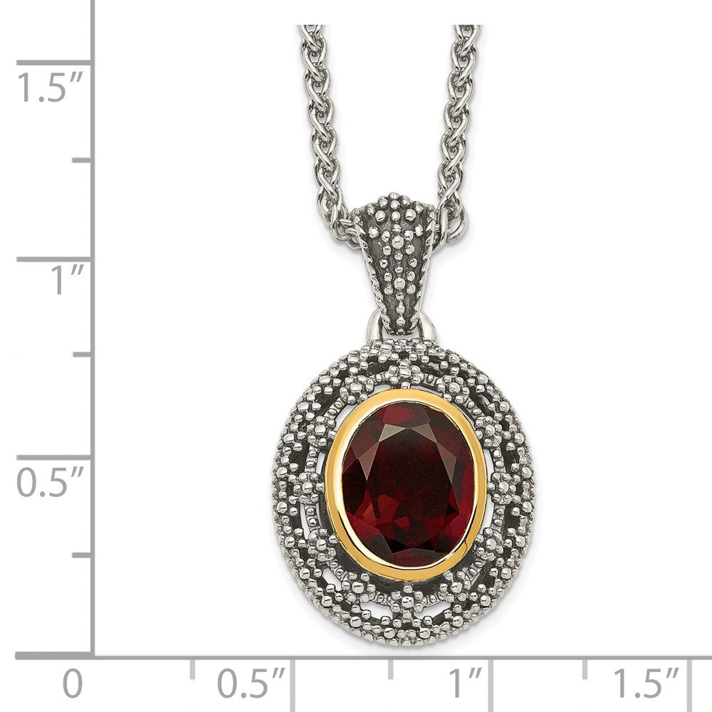 Sterling Silver 14K Gold Accent Oval Garnet Necklace 18"