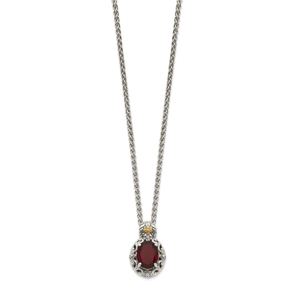 925 Sterling Silver 14K Gold Accent Oval Garnet Necklace 18"