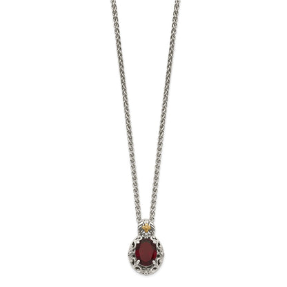 925 Sterling Silver 14K Gold Accent Oval Garnet Necklace 18"