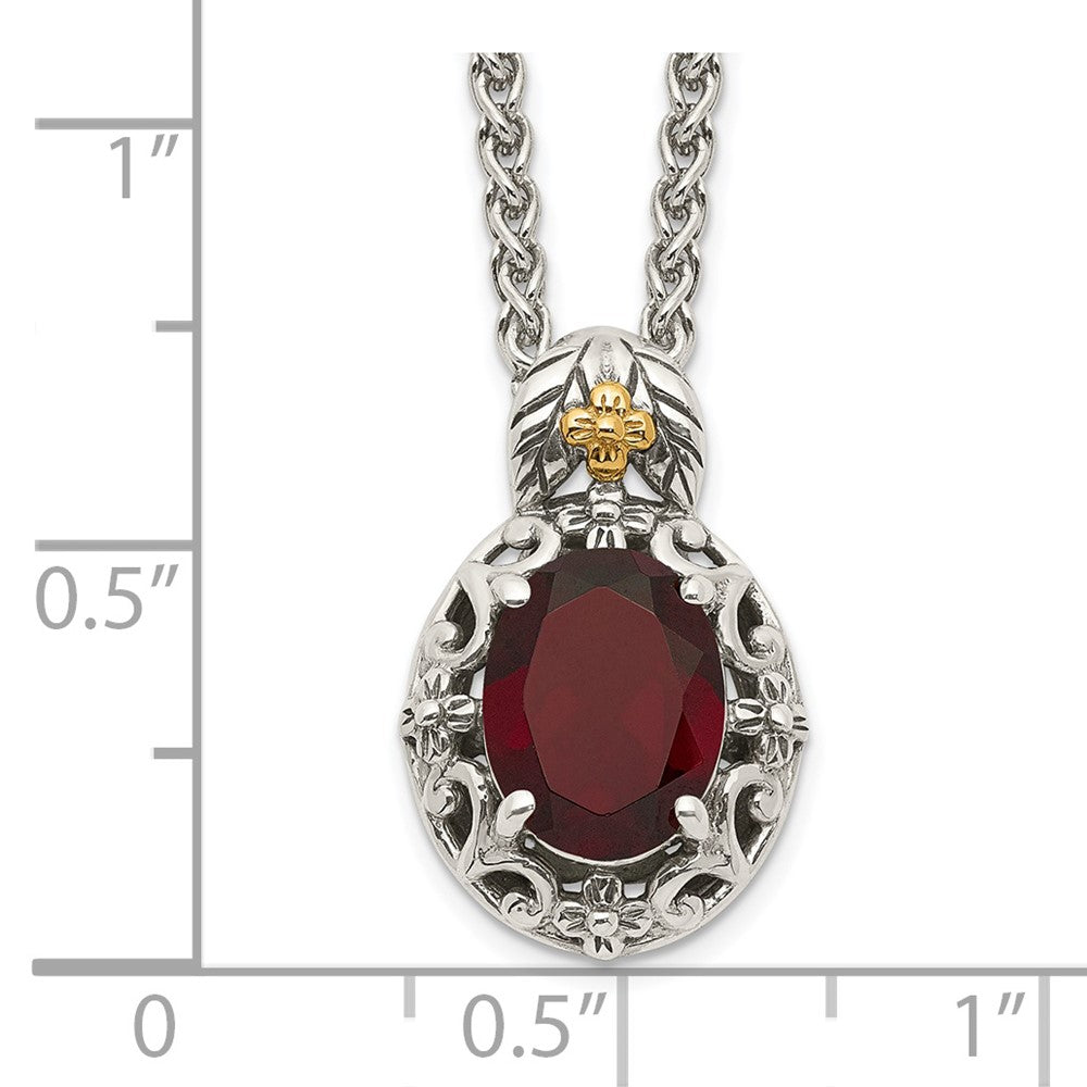 925 Sterling Silver 14K Gold Accent Oval Garnet Necklace 18"