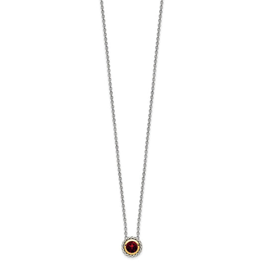 Sterling Silver 14K Gold Accent Round Bezel Garnet Necklace 18"