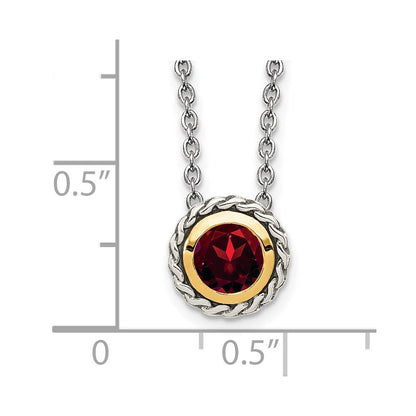 Sterling Silver 14K Gold Accent Round Bezel Garnet Necklace 18"