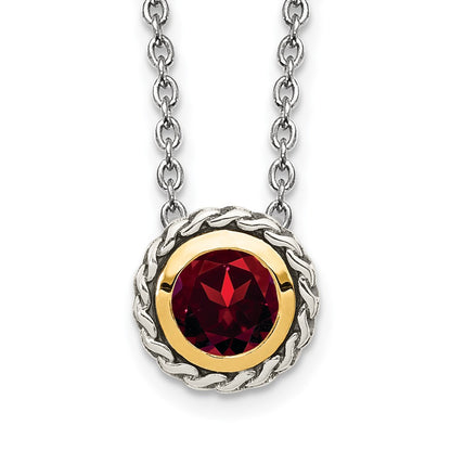 Sterling Silver 14K Gold Accent Round Bezel Garnet Necklace 18"
