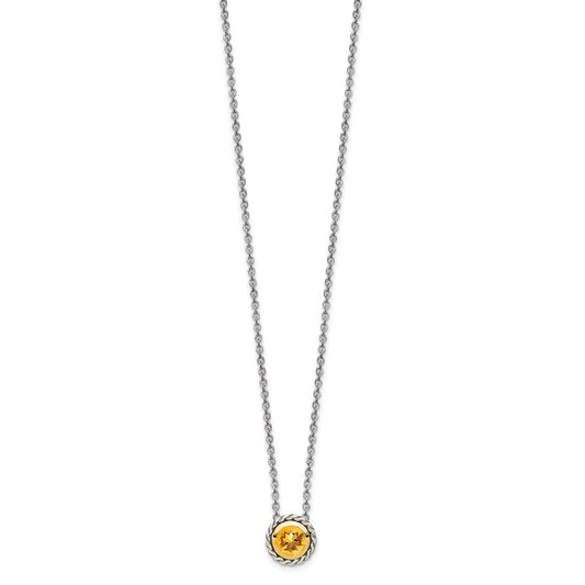 Sterling Silver 14K Gold Accent Round Bezel Citrine Necklace 18"