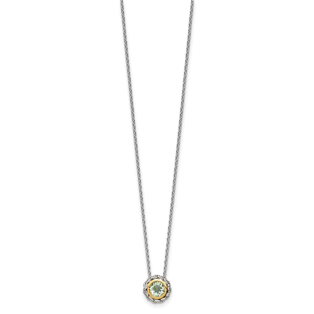 Sterling Silver 14K Gold Accent Round Bezel Green Quartz Necklace 18"
