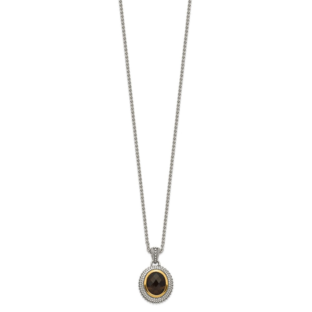 Sterling Silver 14K Gold Accent Oval Bezel Smoky Quartz Necklace 18"