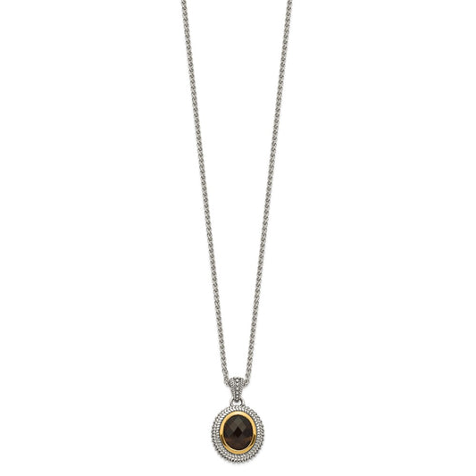 Sterling Silver 14K Gold Accent Oval Bezel Smoky Quartz Necklace 18"