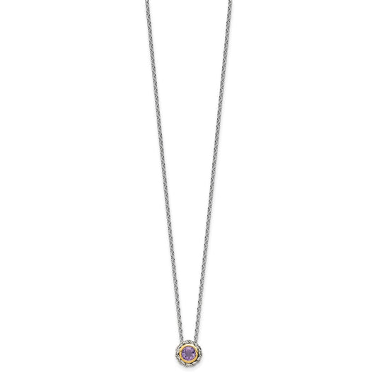 Sterling Silver 14K Gold Accent Round Bezel Pink Quartz Necklace 18"