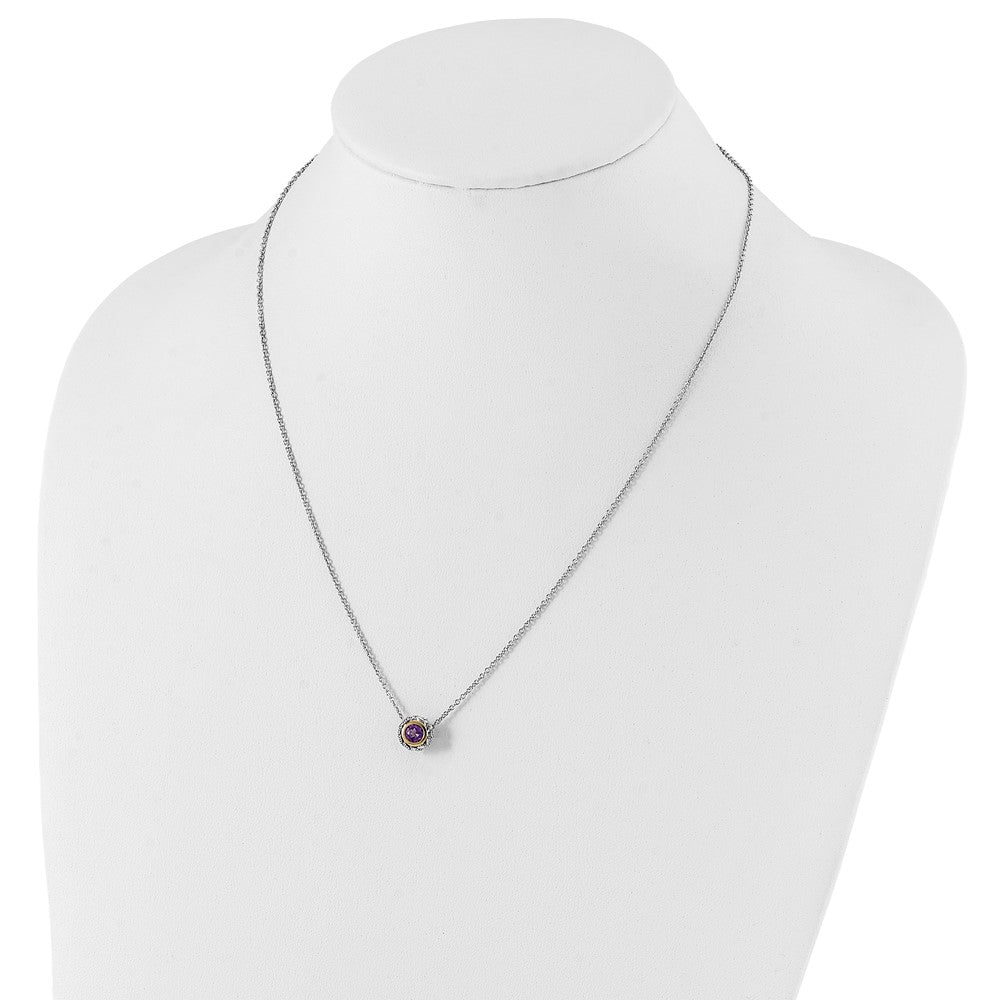 Sterling Silver 14K Gold Accent Round Bezel Pink Quartz Necklace 18"