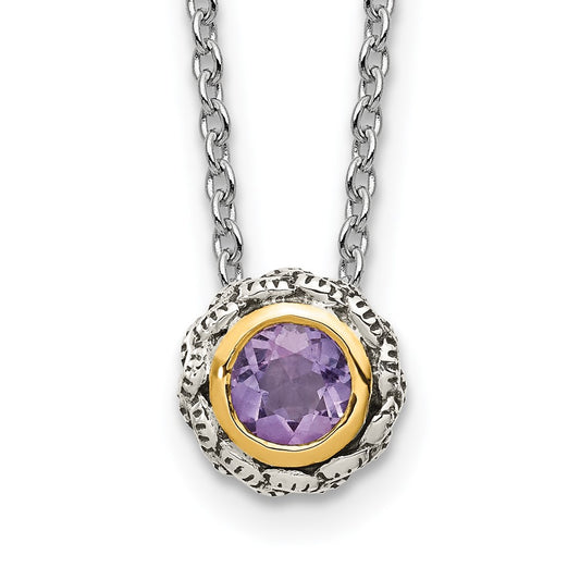 Sterling Silver 14K Gold Accent Round Bezel Pink Quartz Necklace 18"