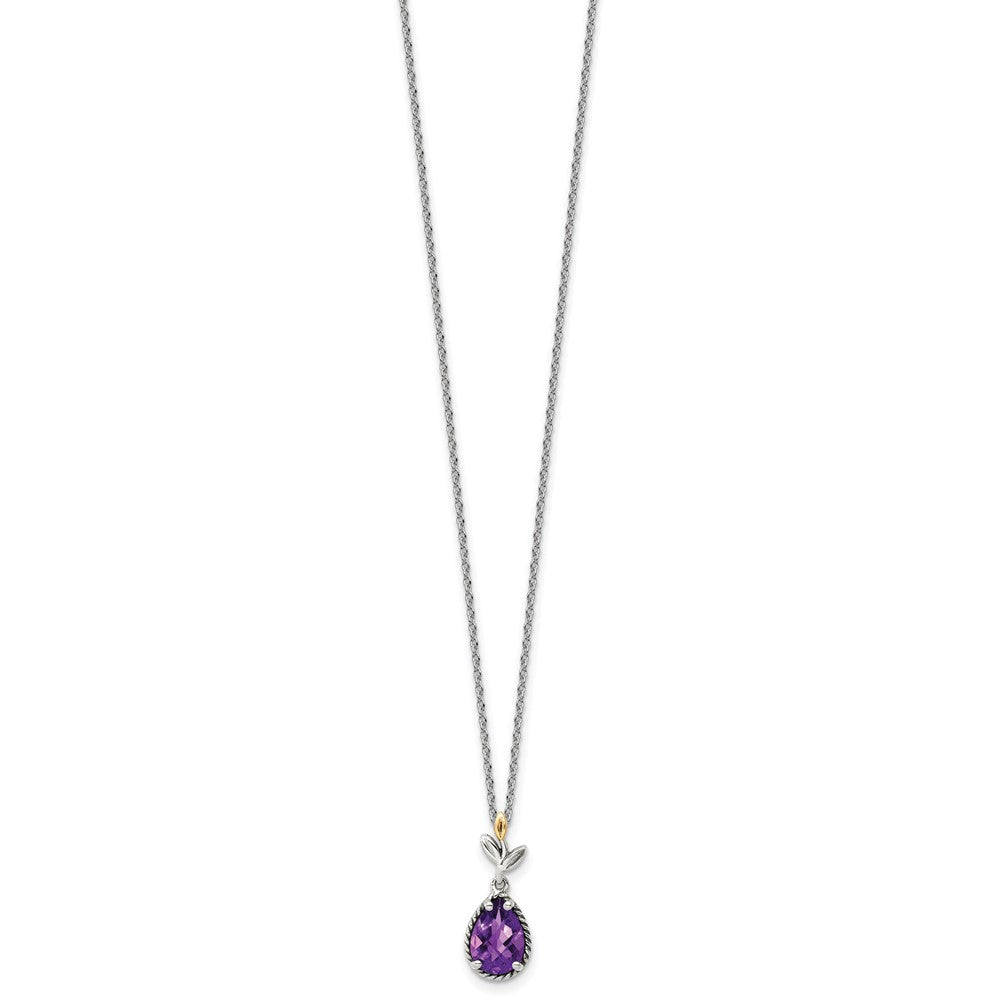 Sterling Silver 14K Gold Accent Leaves with Checkerboard Amethyst Necklace 20"