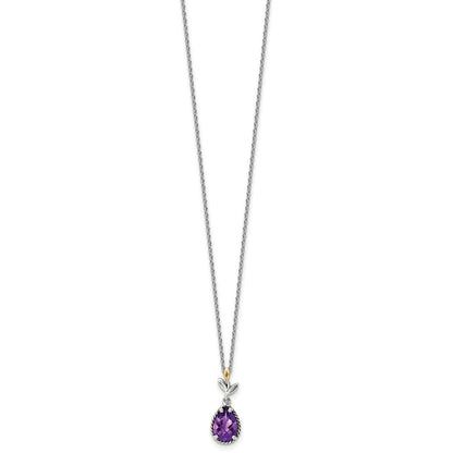 Sterling Silver 14K Gold Accent Leaves with Checkerboard Amethyst Necklace 20"