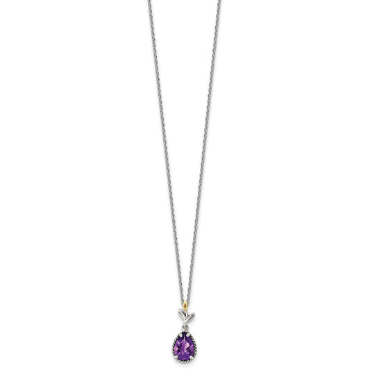 Sterling Silver 14K Gold Accent Leaves with Checkerboard Amethyst Necklace 20"