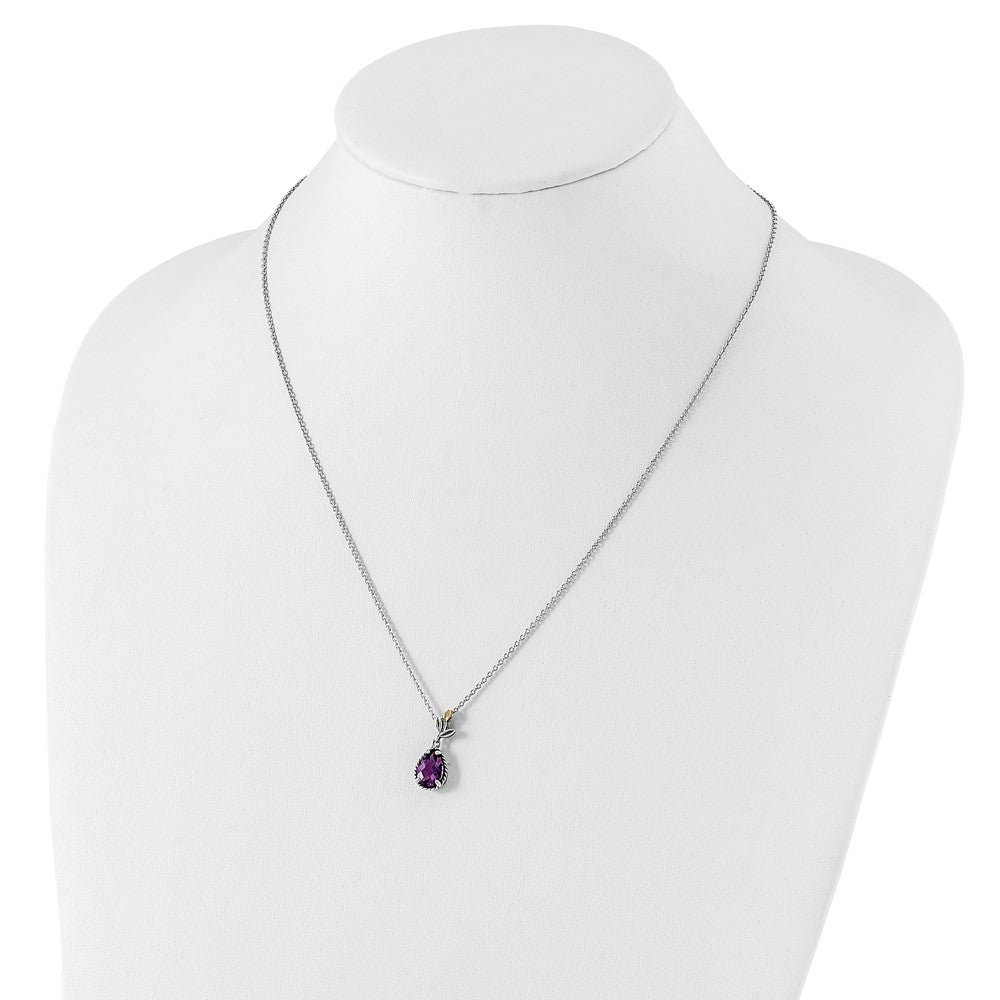 Sterling Silver 14K Gold Accent Leaves with Checkerboard Amethyst Necklace 20"