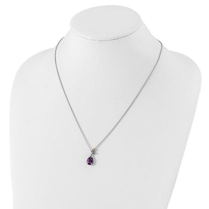 Sterling Silver 14K Gold Accent Leaves with Checkerboard Amethyst Necklace 20"