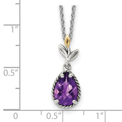Sterling Silver 14K Gold Accent Leaves with Checkerboard Amethyst Necklace 20"