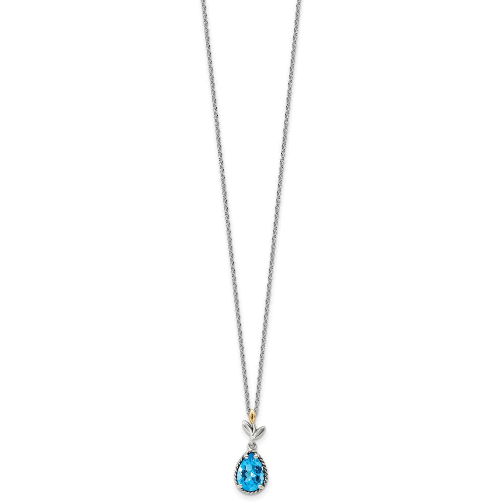 Sterling Silver 14K Gold Accent Leaves with Checkerboard Blue Topaz Necklace 20"