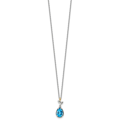 Sterling Silver 14K Gold Accent Leaves with Checkerboard Blue Topaz Necklace 20"
