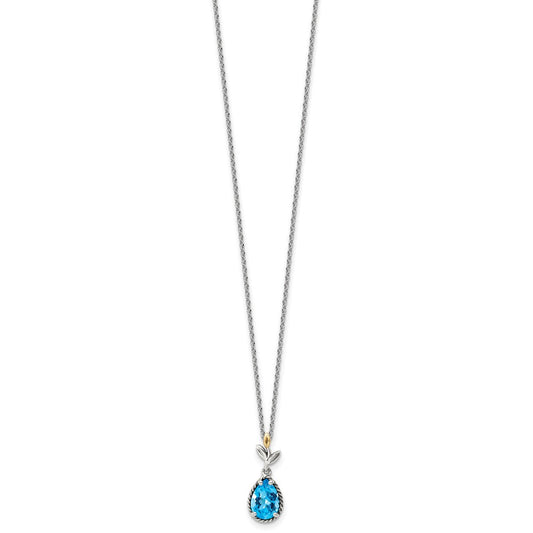 Sterling Silver 14K Gold Accent Leaves with Checkerboard Blue Topaz Necklace 20"