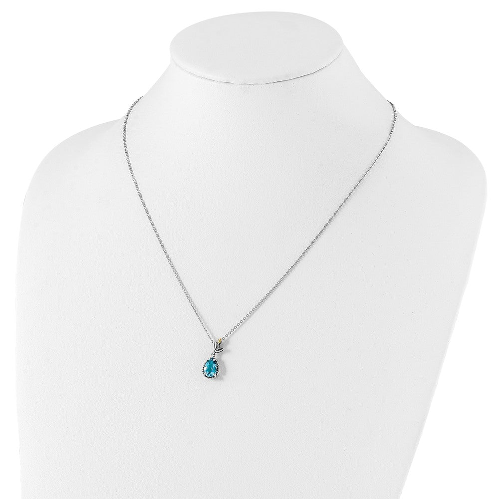 Sterling Silver 14K Gold Accent Leaves with Checkerboard Blue Topaz Necklace 20"