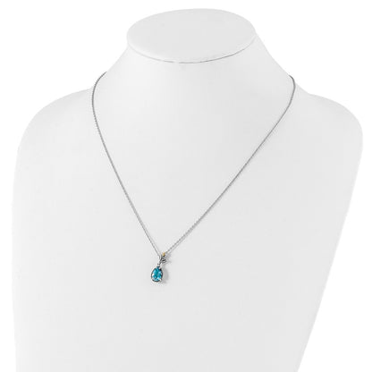Sterling Silver 14K Gold Accent Leaves with Checkerboard Blue Topaz Necklace 20"