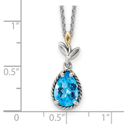 Sterling Silver 14K Gold Accent Leaves with Checkerboard Blue Topaz Necklace 20"