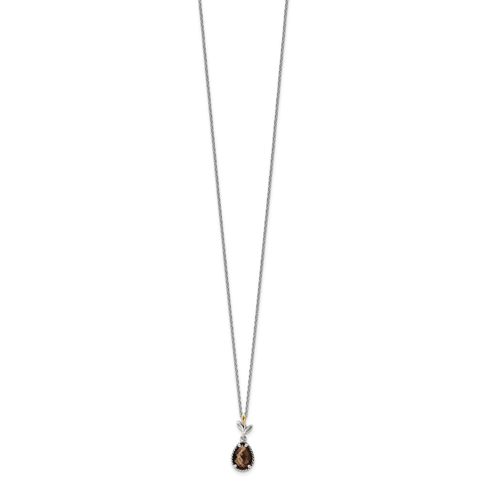 Sterling Silver 14K Gold Accent Leaves with Checkerboard Smoky Quartz Necklace 20"
