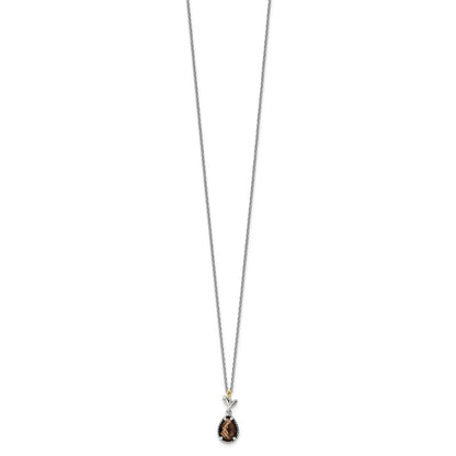 Sterling Silver 14K Gold Accent Leaves with Checkerboard Smoky Quartz Necklace 20"