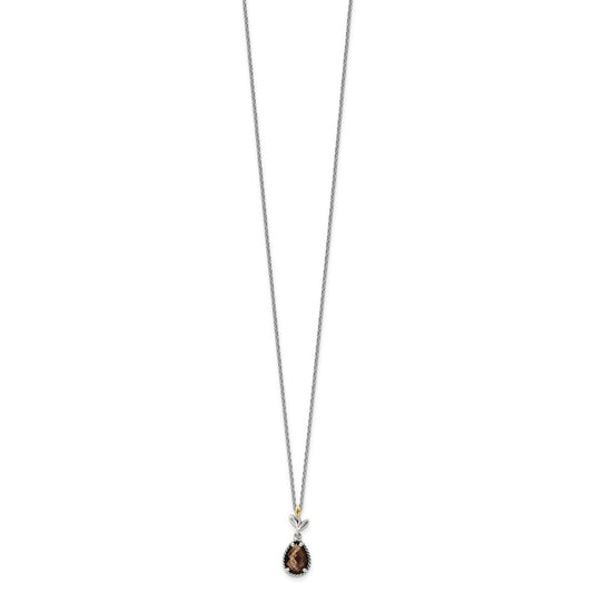Sterling Silver 14K Gold Accent Leaves with Checkerboard Smoky Quartz Necklace 20"