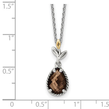 Sterling Silver 14K Gold Accent Leaves with Checkerboard Smoky Quartz Necklace 20"
