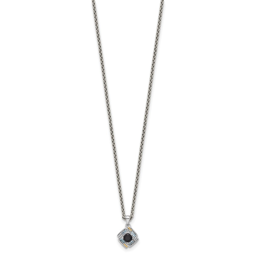 Sterling Silver 14K Gold Accent .49 ct Onyx and .16 ct Swiss Blue Topaz Necklace 18"
