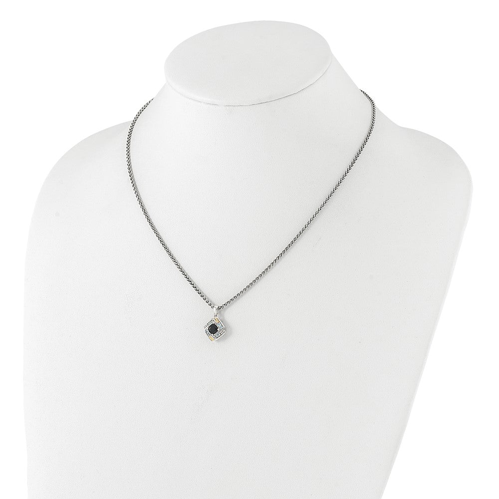 Sterling Silver 14K Gold Accent .49 ct Onyx and .16 ct Swiss Blue Topaz Necklace 18"
