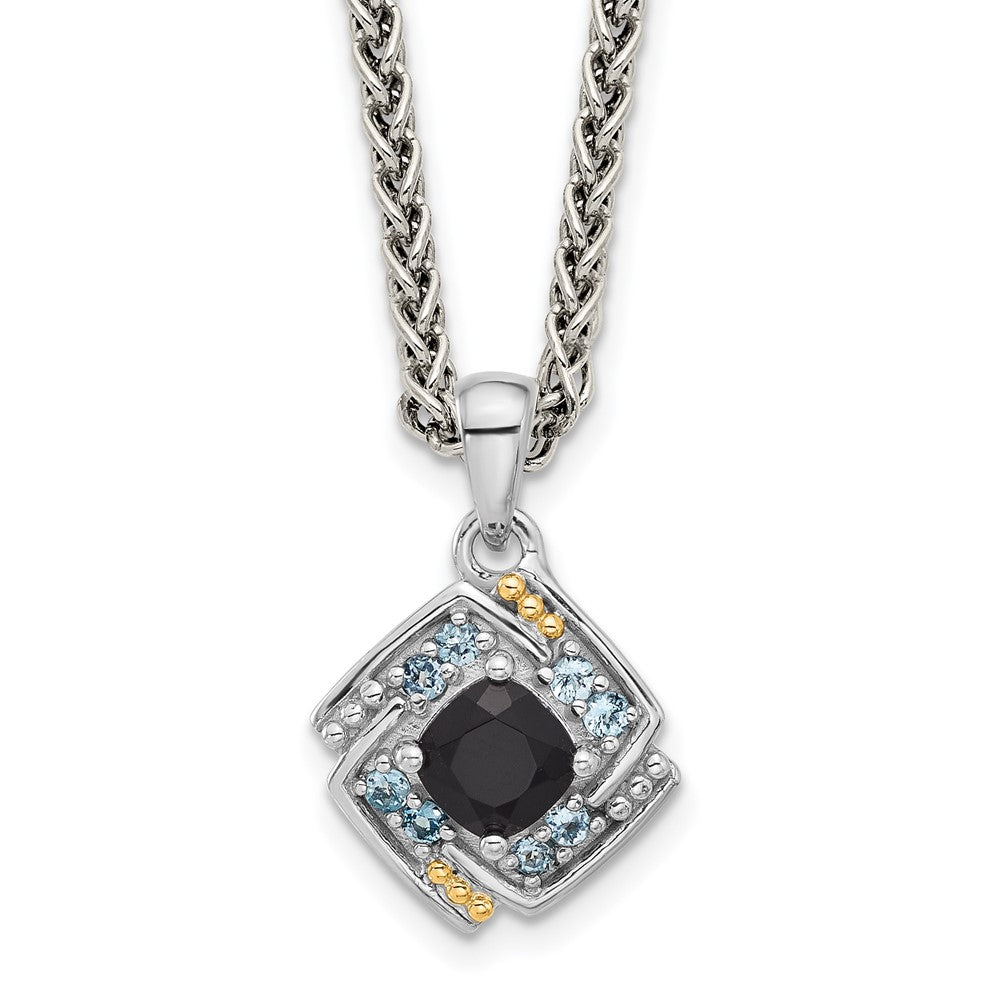 Sterling Silver 14K Gold Accent .49 ct Onyx and .16 ct Swiss Blue Topaz Necklace 18"