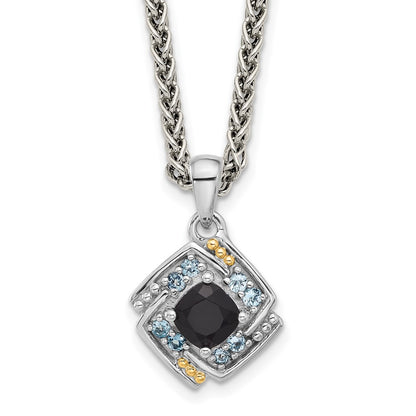 Sterling Silver 14K Gold Accent .49 ct Onyx and .16 ct Swiss Blue Topaz Necklace 18"