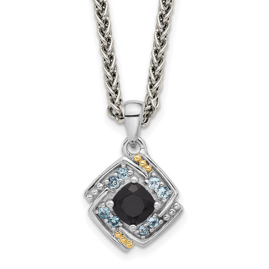 Sterling Silver 14K Gold Accent .49 ct Onyx and .16 ct Swiss Blue Topaz Necklace 18"