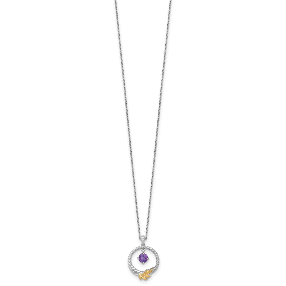 Sterling Silver Twisted Circle 14k Leaf Accent Amethyst Dangle Necklace 18"
