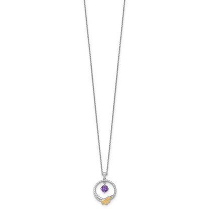 Sterling Silver Twisted Circle 14k Leaf Accent Amethyst Dangle Necklace 18"