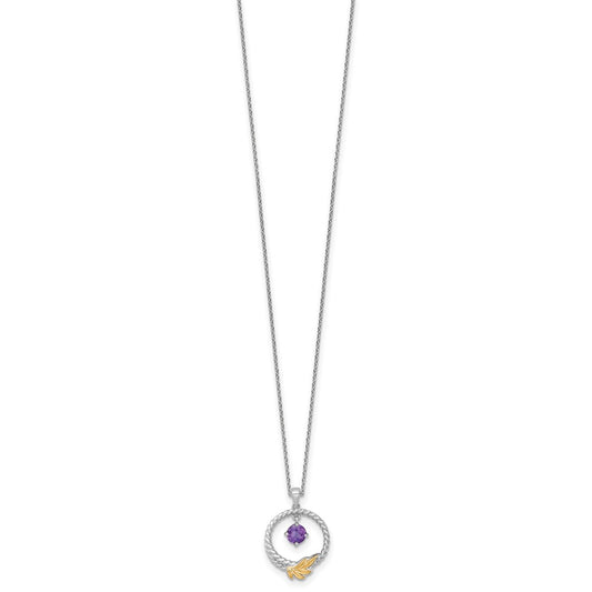 Sterling Silver Twisted Circle 14k Leaf Accent Amethyst Dangle Necklace 18"