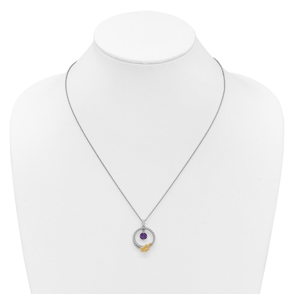 Sterling Silver Twisted Circle 14k Leaf Accent Amethyst Dangle Necklace 18"