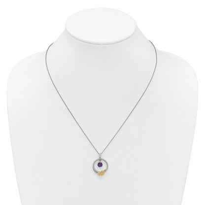 Sterling Silver Twisted Circle 14k Leaf Accent Amethyst Dangle Necklace 18"