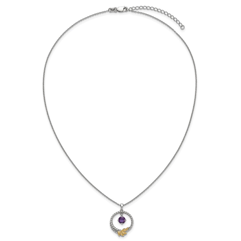 Sterling Silver Twisted Circle 14k Leaf Accent Amethyst Dangle Necklace 18"