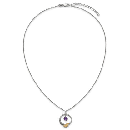 Sterling Silver Twisted Circle 14k Leaf Accent Amethyst Dangle Necklace 18"