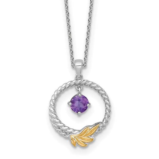 Sterling Silver Twisted Circle 14k Leaf Accent Amethyst Dangle Necklace 18"