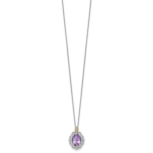 Sterling Silver 14K Gold Accent Oval Amethyst Vintage Necklace 18"