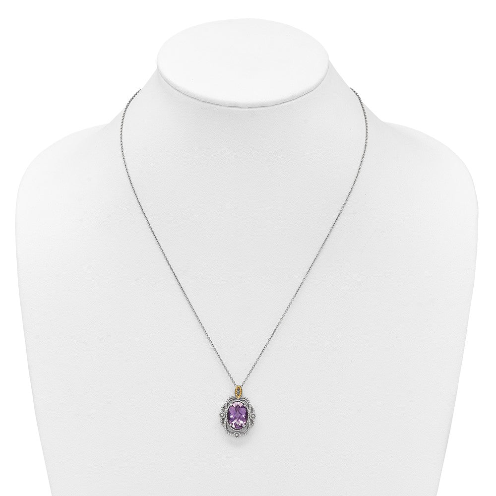 Sterling Silver 14K Gold Accent Oval Amethyst Vintage Necklace 18"
