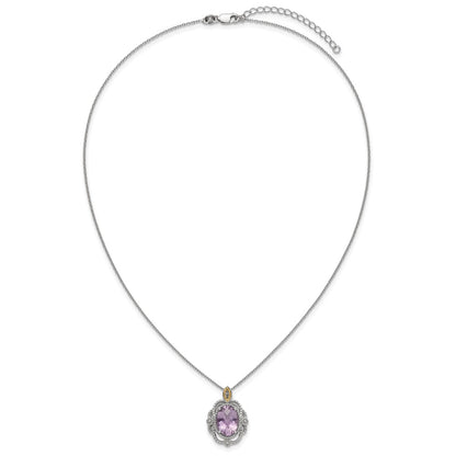 Sterling Silver 14K Gold Accent Oval Amethyst Vintage Necklace 18"